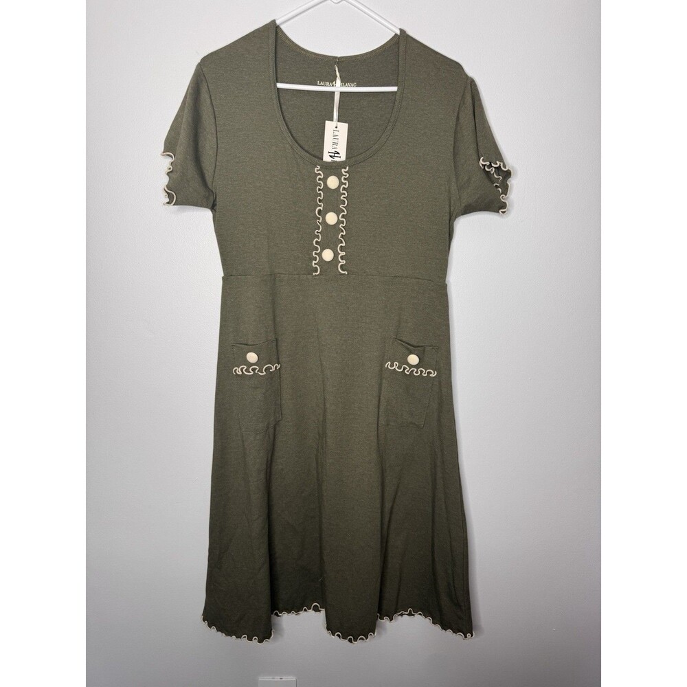 Laura Hlavac Patch Pockets Ruffles Green Shirt Sleeve New NWT Cotton Large